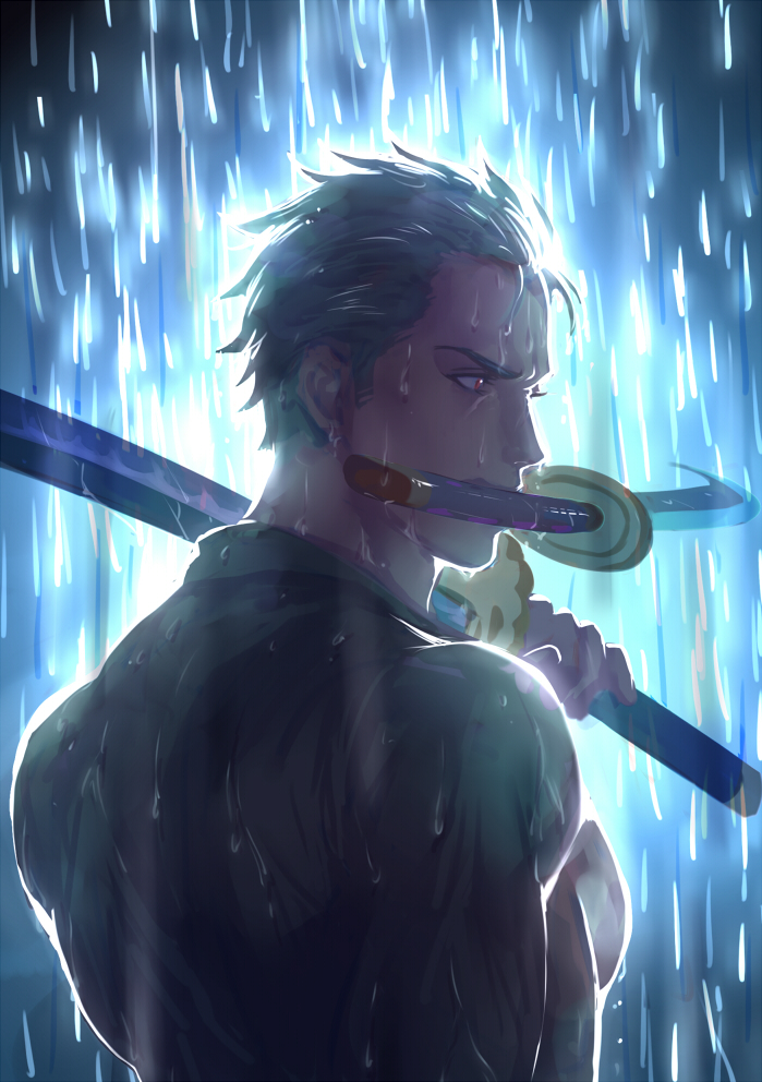 1boy dual_wielding eilinna from_behind green_hair hair_slicked_back holding holding_sword holding_weapon katana long_sideburns male_focus mouth_hold one_piece over_shoulder pectorals rain roronoa_zoro scar scar_across_eye short_hair sideburns solo sword sword_over_shoulder toned toned_male weapon weapon_over_shoulder wet wet_clothes