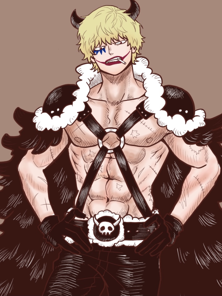 1boy abs alternate_costume areolae bare_pectorals black_pants blonde_hair chest_harness cigarette commentary_request donquixote_rocinante feet_out_of_frame harness horns makeup male_focus muscular muscular_male navel one_piece pants pectorals short_hair skull solo toyoura_(23066494)