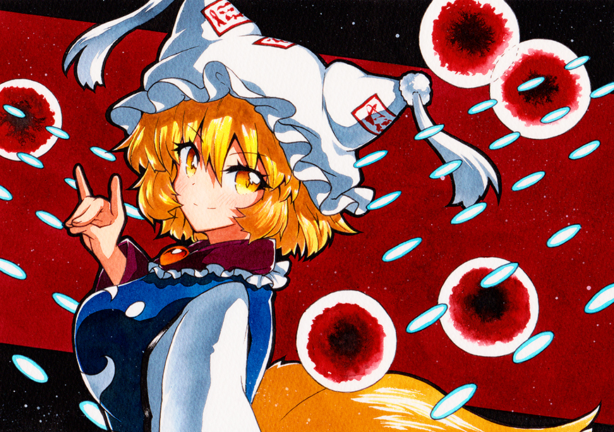 1girl bangs blonde_hair closed_mouth danmaku dress eyebrows_visible_through_hair fox_shadow_puppet from_side hair_between_eyes hat long_sleeves looking_at_viewer looking_to_the_side pillow_hat qqqrinkappp red_background short_hair smile solo tabard touhou traditional_media upper_body white_dress white_headwear yakumo_ran yellow_eyes