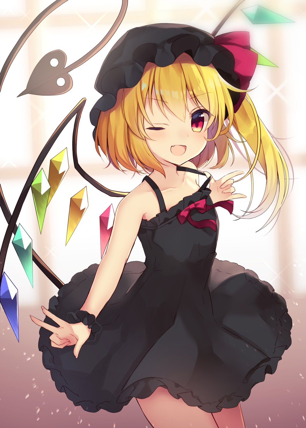 1girl ;d \m/ alternate_costume alternate_hair_color bangs black_dress blonde_hair blurry blurry_background blush bow breasts collarbone commentary_request crystal dress fang fingernails flandre_scarlet hat highres laevatein_(tail) looking_at_viewer mob_cap multicolored multicolored_wings one_eye_closed open_mouth red_bow red_eyes ruhika short_hair_with_long_locks side_ponytail single_strap skin_fang small_breasts smile solo sparkle tail thighs touhou upper_body v wings