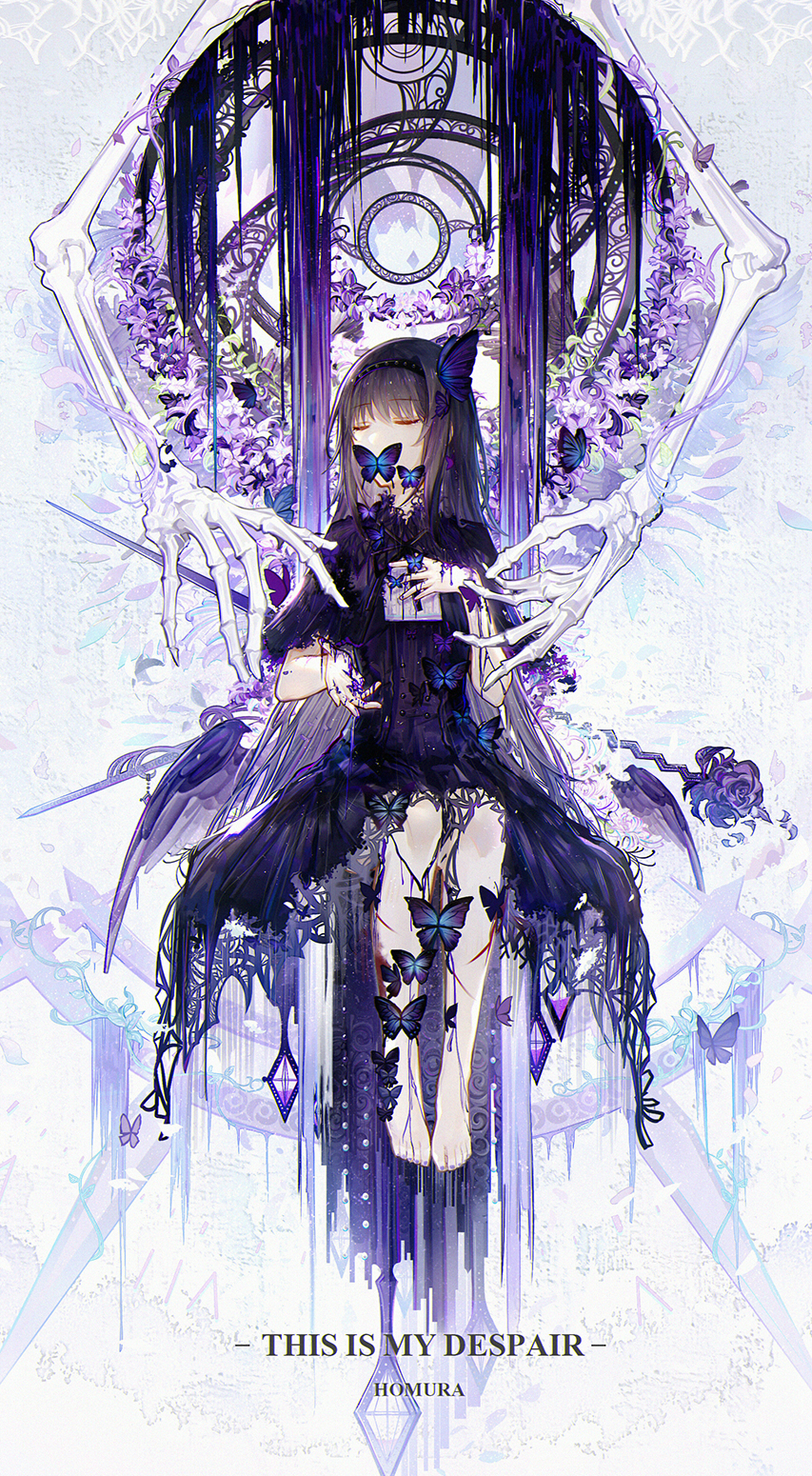 1girl akemi_homura bai_qi-qsr barefoot black_hair blood blue_butterfly bug butterfly butterfly_on_head capelet closed_eyes cuts eyebrows_visible_through_hair flower gem highres injury long_hair mahou_shoujo_madoka_magica plant purple_flower sitting skeletal_arm solo vines