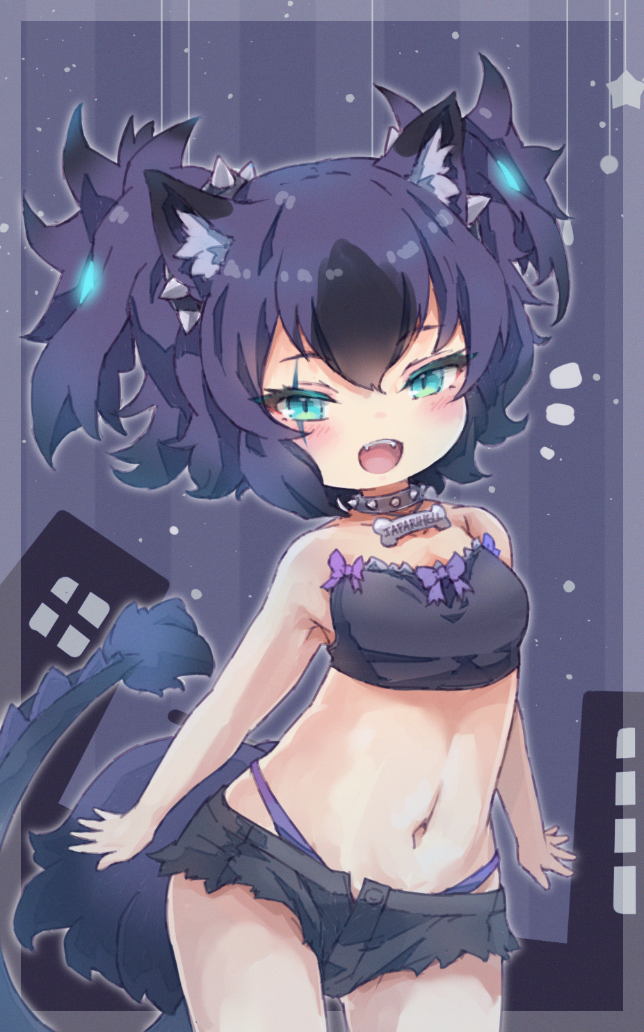 1girl animal_ears bandeau black_hair blue_eyes blush breasts cerberus_(kemono_friends) collar dog_ears dog_girl eyebrows_visible_through_hair fangs highres kemono_friends kolshica large_breasts looking_at_viewer multicolored_hair navel open_mouth purple_hair short_shorts shorts smile solo tail teeth upper_teeth