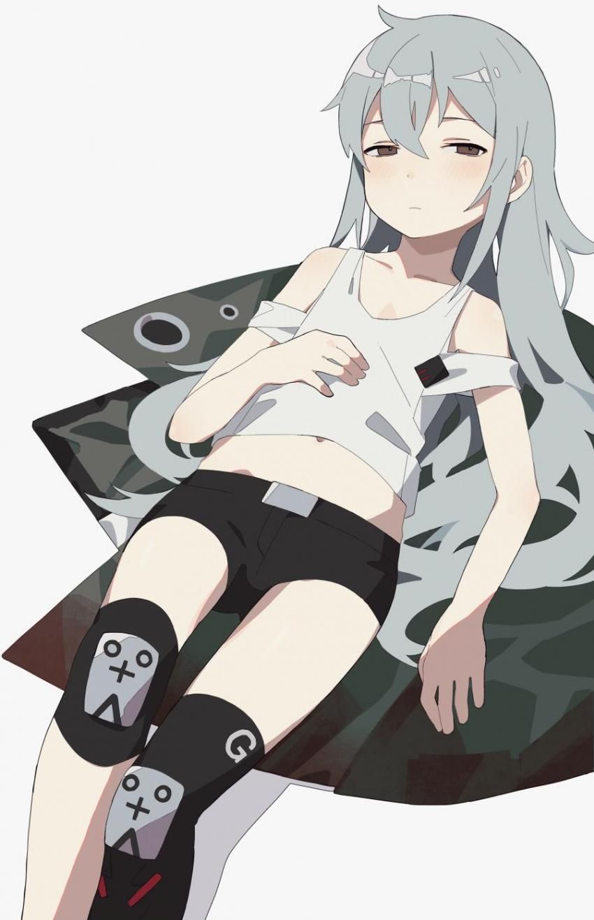 1girl bare_shoulders belly black_shorts brown_eyes carpet closed_mouth earrings flat_chest g11_(girls'_frontline) girls_frontline grey_hair hair_between_eyes half-closed_eyes hand_on_own_stomach highres jewelry knee_pads kneehighs long_hair looking_at_viewer lying shirt short_shorts shorts simple_background sleeveless solo white_background white_shirt yuki_hotaru