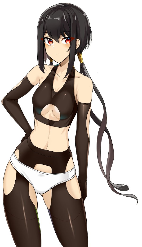 1girl black_hair brown_gloves brown_legwear closed_mouth contrapposto doko_tetora elbow_gloves gloves hair_between_eyes hand_on_hip long_hair looking_at_viewer original panties panties_over_pantyhose pantyhose red_eyes simple_background solo underwear very_long_hair white_background white_panties