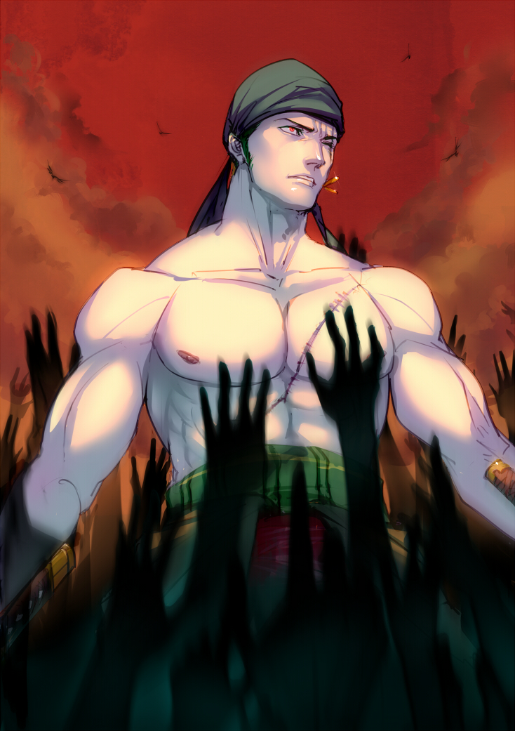 1boy abs bandana clothes_down eilinna grabbing green_hair japanese_clothes kimono male_focus motion_blur muscular muscular_male nipples one_piece open_clothes open_kimono pectoral_grab pectorals red_sky roronoa_zoro scar scar_across_eye scar_on_chest short_hair sideburns sky solo stomach topless_male wide-eyed