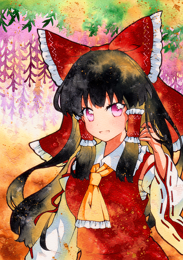 1girl :d ascot bangs black_hair bow breasts detached_sleeves eyebrows_visible_through_hair frilled_ascot frilled_bow frilled_hair_tubes frills hair_bow hair_tubes hakurei_reimu long_hair looking_at_viewer open_mouth qqqrinkappp red_bow red_ribbon red_shirt red_skirt ribbon ribbon-trimmed_sleeves ribbon_trim sarashi shirt skirt sleeveless sleeveless_shirt small_breasts smile solo touhou traditional_media upper_body violet_eyes yellow_neckwear