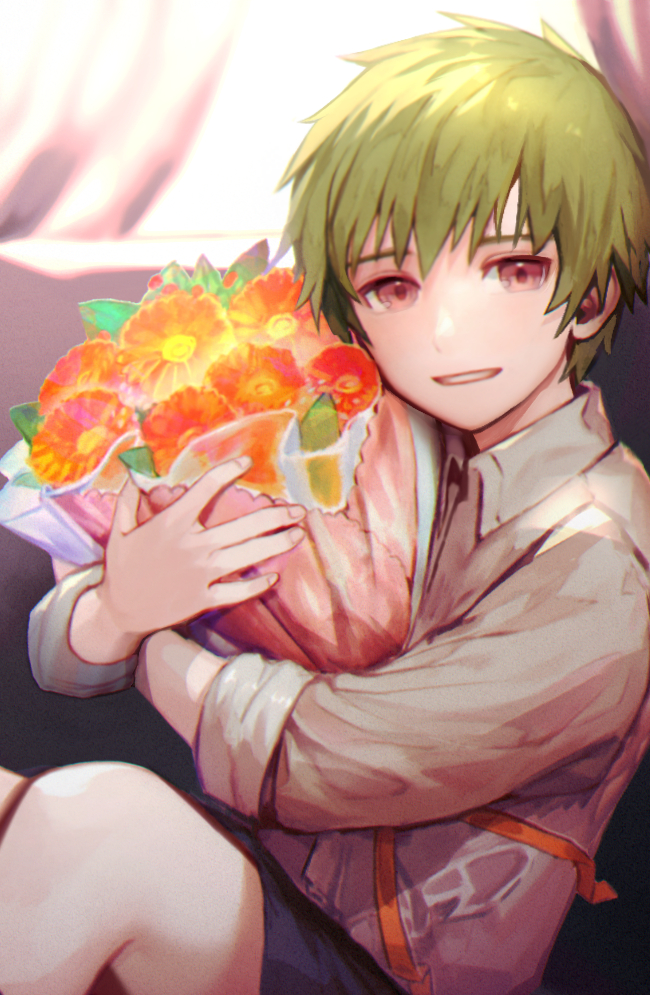 1boy bouquet brown_eyes commentary flower green_hair holding holding_bouquet indoors looking_at_viewer male_focus original penguu_(green528) shirt short_hair shorts sitting smile solo symbol-only_commentary