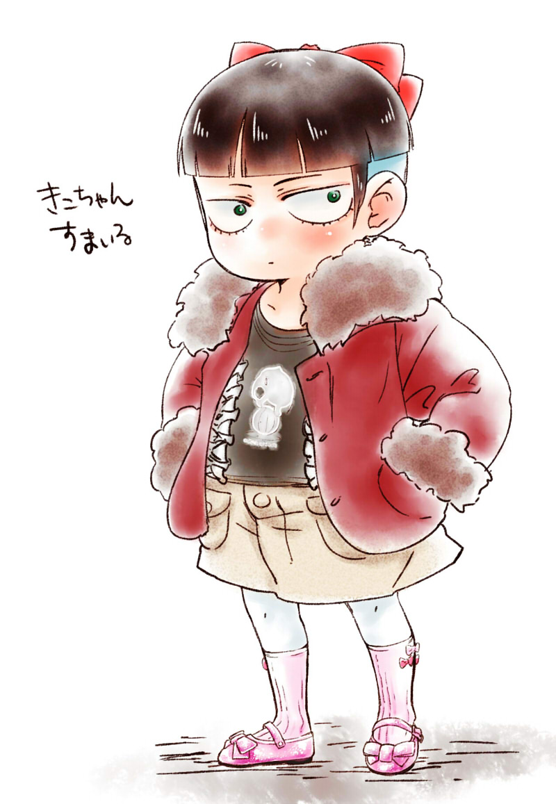 black_hair black_shirt bow bowl_cut character_request coat copyright_request fur_trim hair_bow hands_in_pockets looking_at_viewer outdoors pink_footwear qzo_(akai_kitsune) red_bow red_coat shirt shorts simple_background socks solo standing white_background