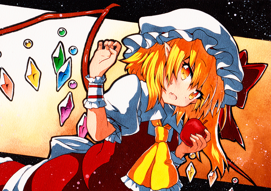 1girl apple ascot bangs blonde_hair collared_shirt crystal eyebrows_visible_through_hair fang flandre_scarlet food frilled_ascot frills fruit hair_between_eyes hat holding holding_food holding_fruit looking_at_viewer mob_cap multicolored multicolored_eyes one_side_up open_mouth pointy_ears puffy_short_sleeves puffy_sleeves qqqrinkappp rainbow_order red_apple red_vest shirt short_sleeves skin_fang solo sweatdrop touhou traditional_media vest white_headwear white_shirt wings wrist_cuffs yellow_eyes yellow_neckwear