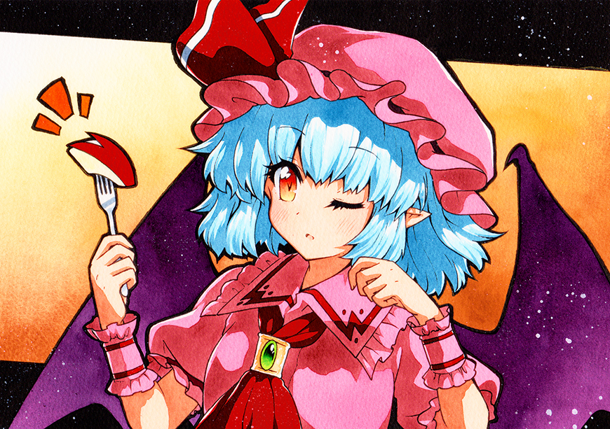 1girl ;o apple_bunny ascot bangs bat_wings blue_hair eyebrows_visible_through_hair food fork green_brooch hat hat_ribbon holding holding_fork mob_cap one_eye_closed open_mouth pink_headwear pink_shirt pointy_ears puffy_short_sleeves puffy_sleeves qqqrinkappp red_eyes red_neckwear red_ribbon remilia_scarlet ribbon shirt short_hair short_sleeves solo touhou traditional_media upper_body wings wrist_cuffs