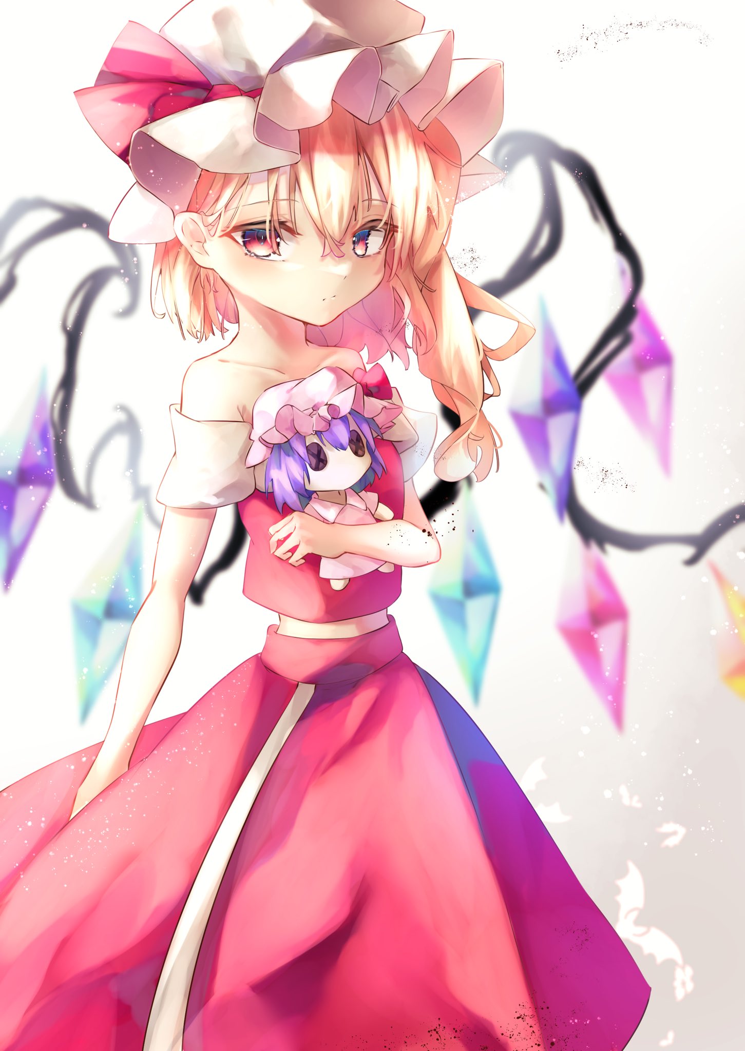 1girl bare_shoulders bat bat_wings blonde_hair bow calpis118 collarbone crystal flandre_scarlet hat hat_ribbon highres holding red_bow red_eyes red_ribbon red_skirt red_vest remilia_scarlet ribbon shirt short_hair siblings sisters skirt solo stuffed_toy touhou vest white_background white_shirt wings