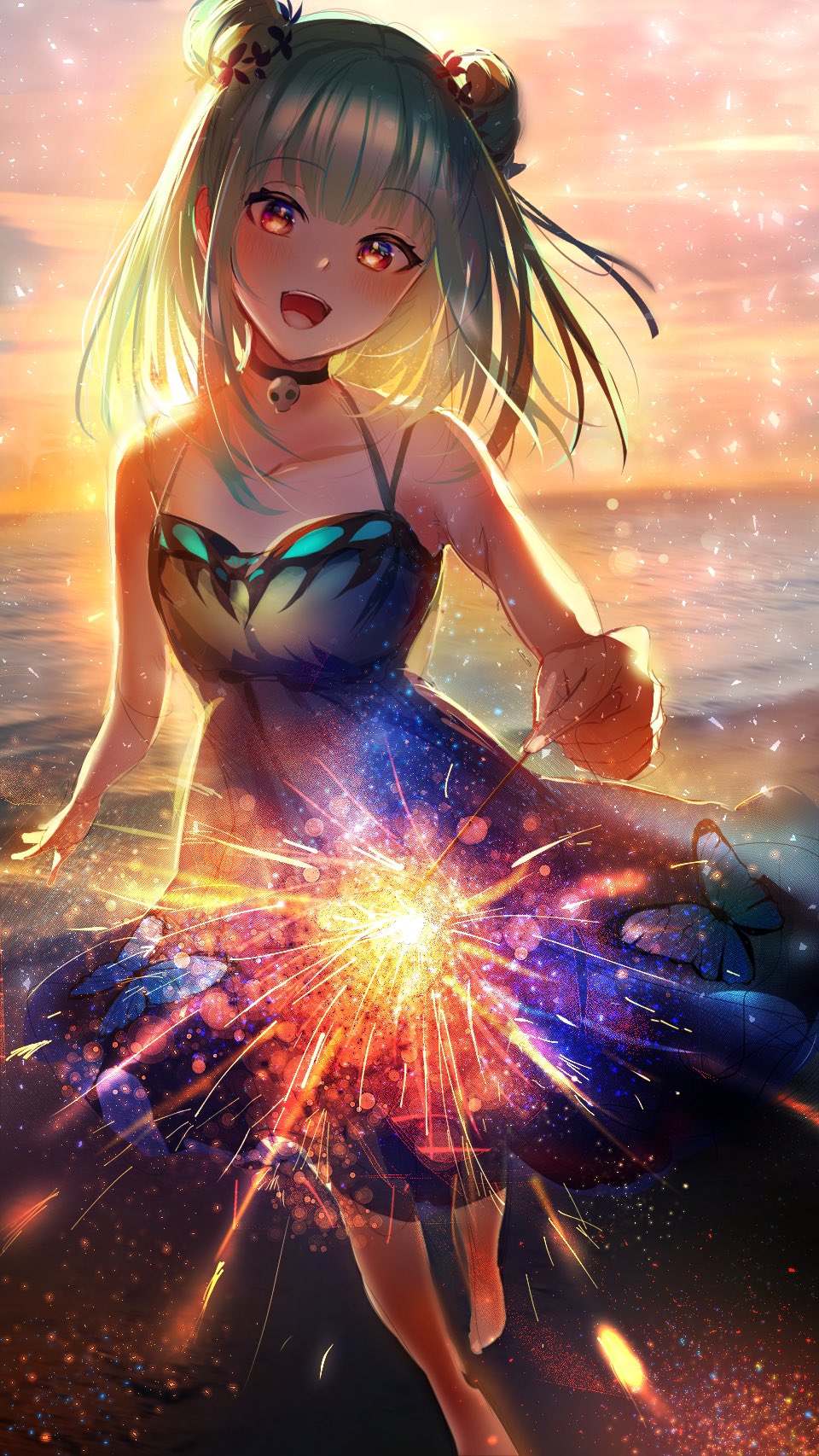 1girl :d bangs bare_arms bare_shoulders beach black_choker blush choker commentary_request double_bun dress eyebrows_visible_through_hair fireworks foot_out_of_frame frq4_h green_hair hair_ribbon head_tilt highres holding_fireworks hololive light_particles long_hair looking_at_viewer open_mouth outdoors red_eyes ribbon sleeveless sleeveless_dress smile solo sparkler standing uruha_rushia virtual_youtuber
