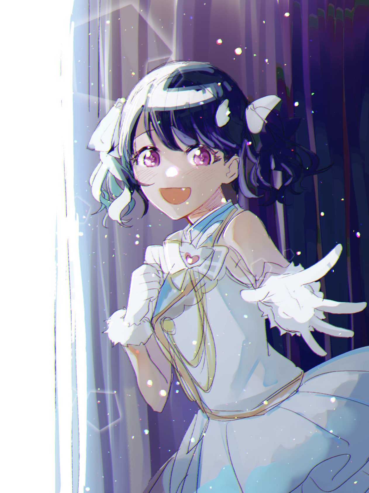 1girl artist_request black_hair blue_ribbon commentary dress fang fukumaru_koito gloves highres idolmaster idolmaster_shiny_colors looking_at_viewer open_mouth ribbon skin_fang solo twintails violet_eyes white_dress white_gloves