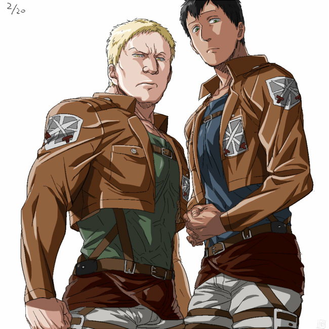 2boys bertolt_hoover black_hair blonde_hair chest_belt cropped_jacket dark-skinned_male dark_skin feet_out_of_frame green_shirt harness height_difference jacket large_pectorals leather leather_jacket looking_at_viewer male_focus multiple_boys muscular muscular_male pants paradis_military_uniform pectorals reiner_braun shingeki_no_kyojin shirt short_hair three-dimensional_maneuver_gear white_background white_pants zyunya