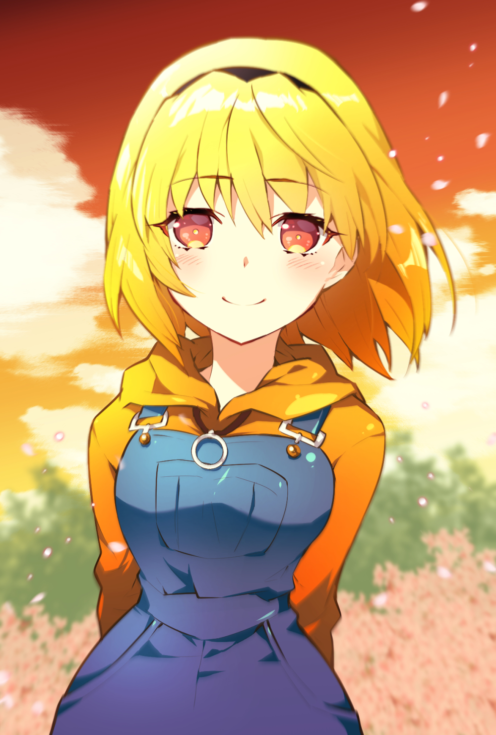 1girl bangs black_hairband blonde_hair blue_overalls blush breasts clouds commentary_request denim eyebrows_visible_through_hair flower hairband highres higurashi_no_naku_koro_ni hood hoodie houjou_satoko jewelry looking_at_viewer necklace orange_eyes orange_hoodie outdoors overalls petals short_hair sky smile solo suzuragi_karin