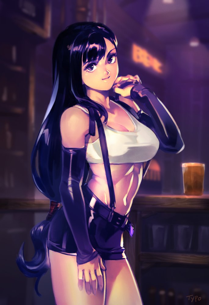 1girl artist_name bar bare_shoulders black_hair blurry blurry_background breasts commentary cowboy_shot crop_top cup detached_sleeves drinking_glass english_commentary final_fantasy final_fantasy_vii final_fantasy_vii_remake indoors large_breasts long_hair looking_at_viewer low-tied_long_hair midriff optionaltypo smile solo suspenders tank_top tifa_lockhart very_long_hair white_tank_top