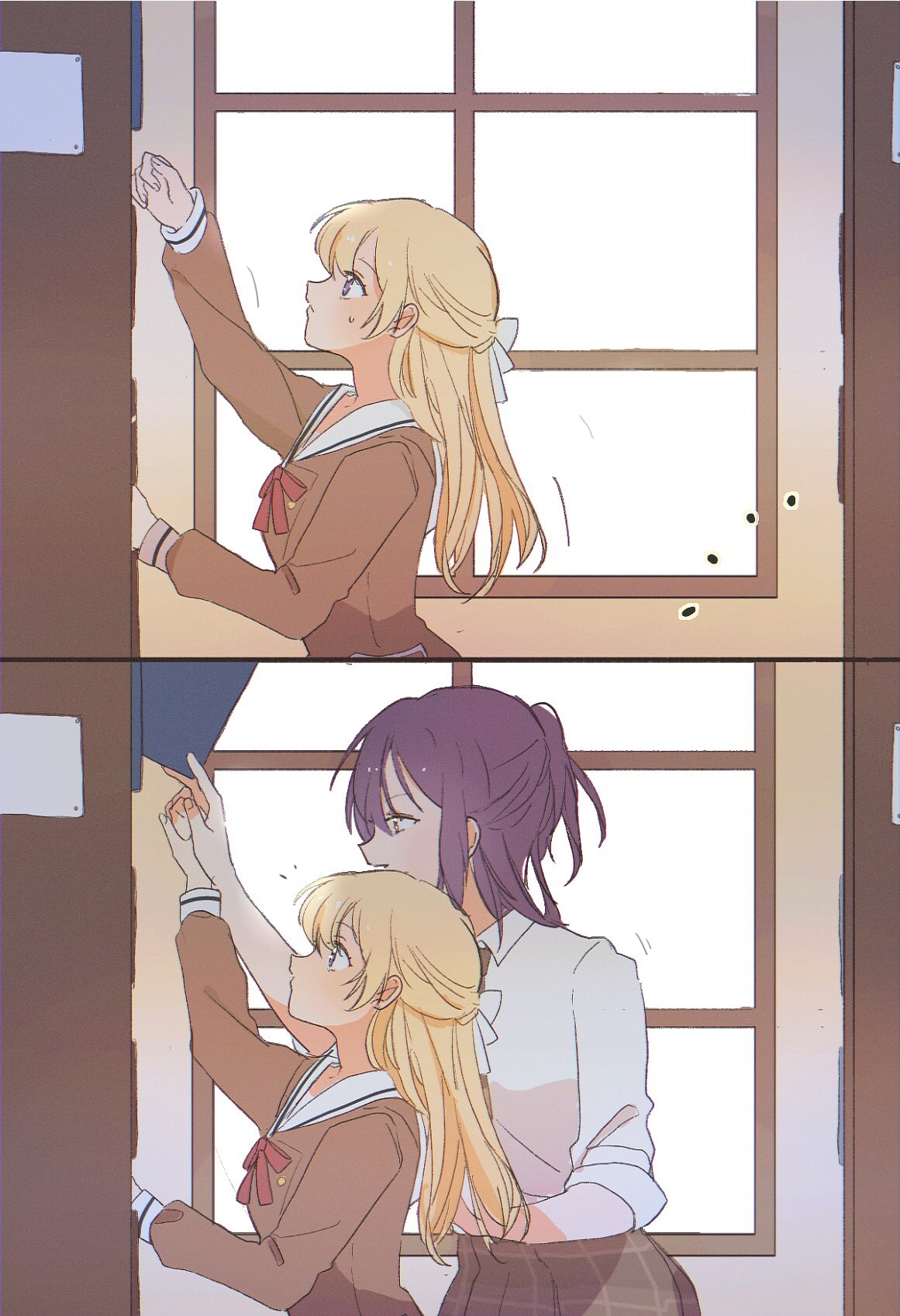 2girls bang_dream! blonde_hair book bookshelf commentary_request dated_commentary eyebrows_visible_through_hair from_side hanasakigawa_school_uniform highres library multiple_girls outstretched_arm purple_hair reaching school_uniform seri_(vyrlw) seta_kaoru shirasagi_chisato standing window