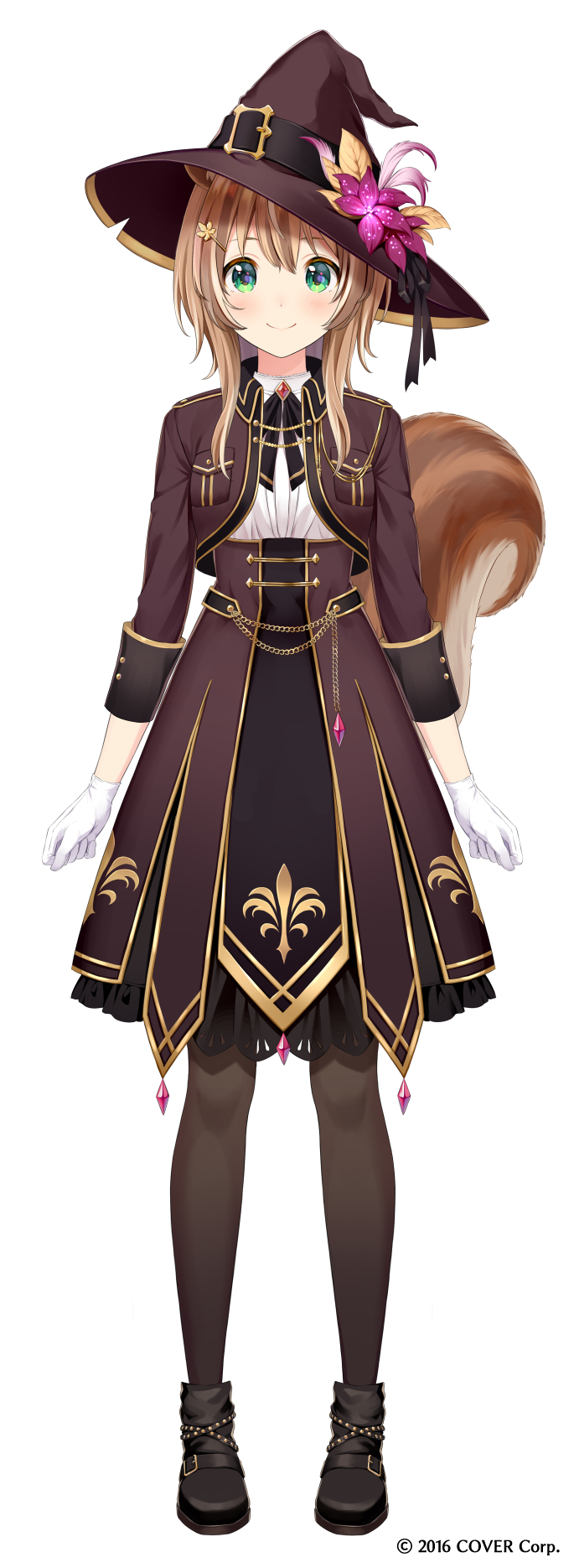 1girl animal_ears ayunda_risu brown_hair chain company_name copyright cropped_jacket fleur_de_lis flower gloves green_eyes hair_ornament hairpin hat hat_belt hat_flower highres hololive hololive_indonesia multicolored_hair official_alternate_costume official_art shoes simple_background skirt solo squirrel_ears squirrel_girl squirrel_tail streaked_hair tail thigh-highs virtual_youtuber white_background witch_hat yatomi