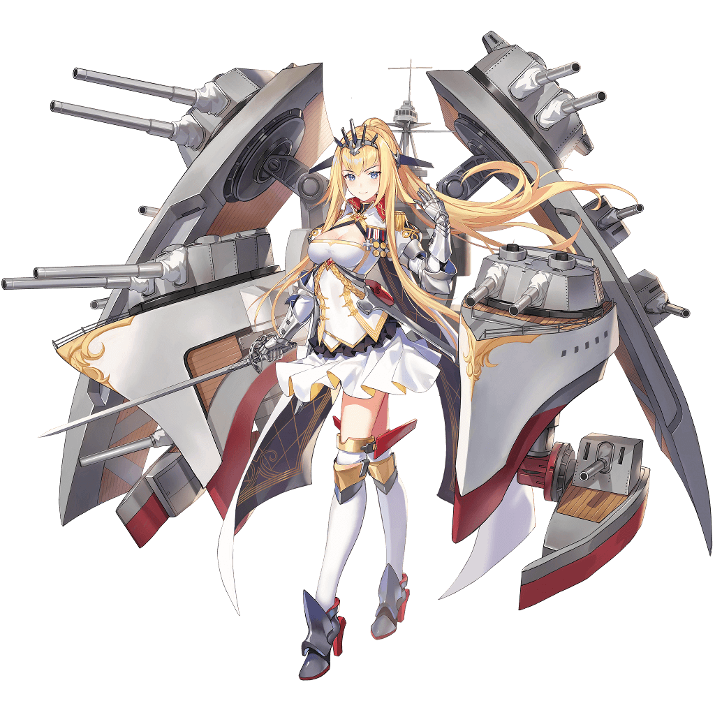 1girl armor artist_request bangs black_surge_night blue_eyes breasts crossed_legs dress epaulettes full_body gauntlets headgear high_heels holding holding_weapon long_hair medal medium_breasts military military_uniform official_art ponytail rapier rigging sidelocks smile solo sword thigh-highs transparent_background uniform very_long_hair warspite_(black_surge_night) watson_cross weapon white_legwear