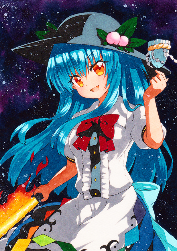1girl :d apron arm_up black_headwear blue_bow blue_hair blue_skirt bow bowtie breasts buttons center_frills dark_background eyebrows_visible_through_hair flaming_sword flaming_weapon food frills fruit hat hinanawi_tenshi holding holding_sword holding_weapon keystone leaf long_hair looking_at_viewer medium_breasts open_mouth orange_eyes peach puffy_short_sleeves puffy_sleeves qqqrinkappp rainbow_order red_bowtie red_neckwear rope shide shimenawa shiny shiny_hair short_sleeves skirt smile solo sword sword_of_hisou touhou traditional_media waist_apron weapon