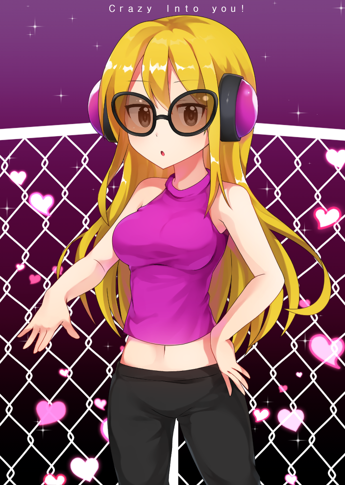 1girl black_pants blonde_hair breasts caramell0501 chain-link_fence eyebrows_visible_through_hair fence headphones heart large_breasts long_hair looking_at_viewer mc_adore minna_no_rhythm_tengoku navel nintendo pants parted_lips purple_shirt rhythm_heaven rhythm_heaven_fever rhythm_tengoku shirt sleeveless so'ra solo sunglasses tnx