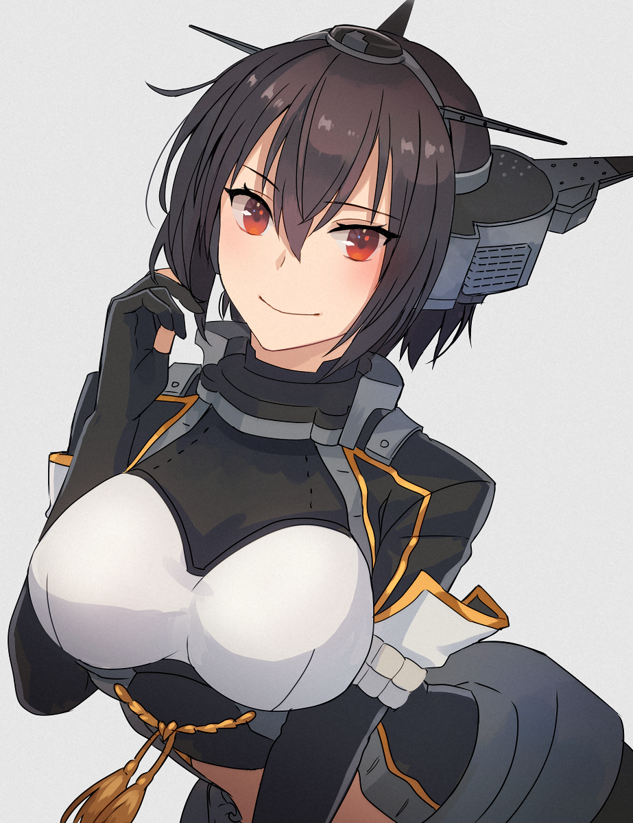 1girl alternate_hair_length alternate_hairstyle black_coat black_gloves black_hair breasts coat elbow_gloves eyebrows_visible_through_hair gloves grey_background hair_between_eyes headgear highres kantai_collection kasumi_(skchkko) large_breasts long_coat nagato_(kancolle) partially_fingerless_gloves red_eyes remodel_(kantai_collection) short_hair simple_background solo upper_body