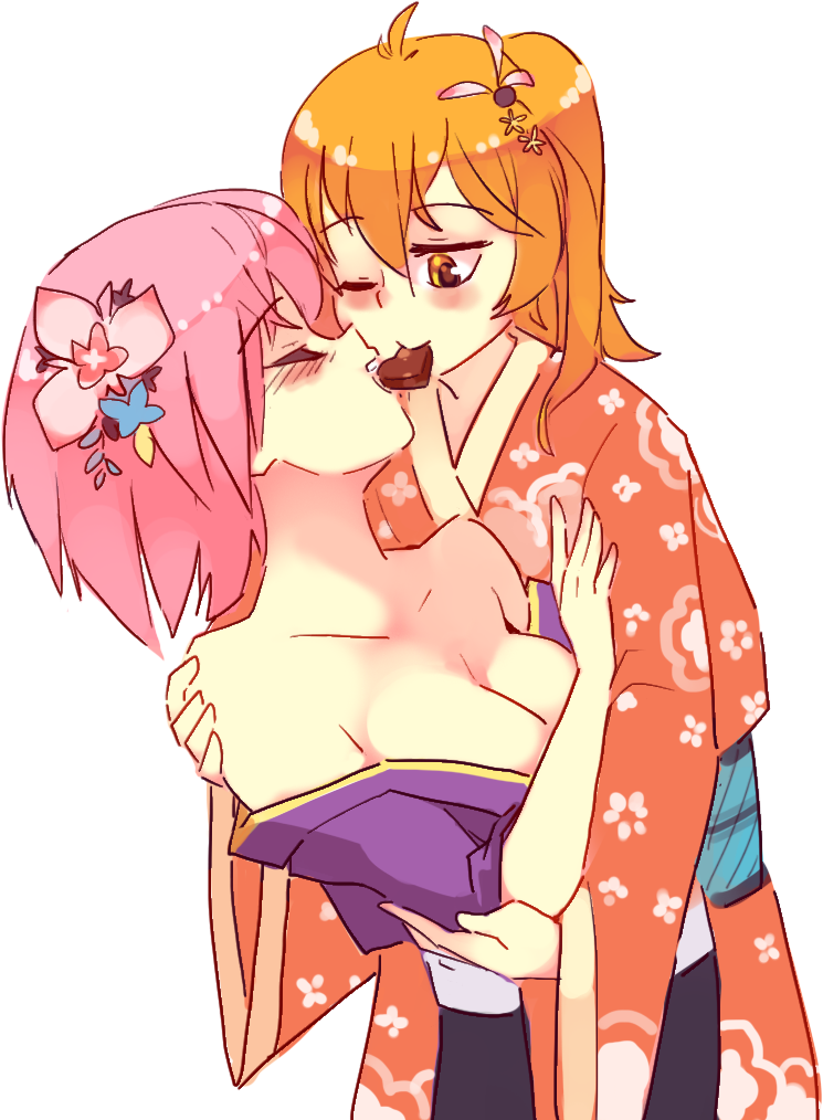 2girls ;) bangs bare_shoulders blush breasts candy chocolate closed_eyes commentary eyebrows_visible_through_hair fate/grand_order fate_(series) flower food fujimaru_ritsuka_(female) hair_between_eyes hair_flower hair_ornament heart heart-shaped_chocolate hug japanese_clothes kimono large_breasts mash_kyrielight mouth_hold multiple_girls off_shoulder one_eye_closed orange_eyes orange_hair pink_hair rtil shared_food short_hair simple_background smile white_background yuri