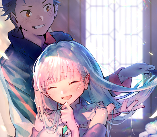 :d ^_^ black_hair brown_eyes brushing_another's_hair closed_eyes crystal detached_sleeves emilia_(re:zero) eyebrows_visible_through_hair grin hair_slicked_back hand_on_own_chin indoors long_hair mebaru natsuki_subaru re:zero_kara_hajimeru_isekai_seikatsu silver_hair smile sunlight track_suit window