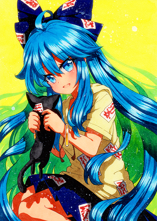 1girl :d animal beige_hoodie black_cat blue_bow blue_eyes blue_hair blue_skirt bow cat eyebrows_visible_through_hair hair_bow holding holding_animal holding_cat long_hair looking_at_animal ofuda ofuda_on_clothes open_mouth pleated_skirt qqqrinkappp short_sleeves skirt smile touhou traditional_media very_long_hair yellow_background yorigami_shion