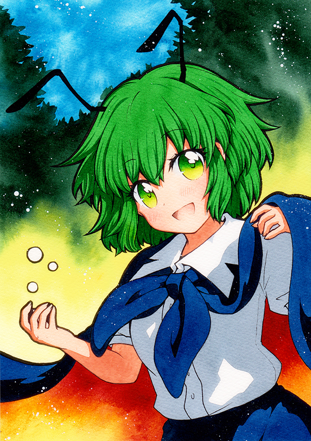 1girl ;d antennae blue_neckwear breasts buttons collared_shirt dress_shirt eyebrows_visible_through_hair green_eyes green_hair looking_at_viewer one_eye_closed open_mouth qqqrinkappp shirt short_hair short_sleeves small_breasts smile solo touhou traditional_media white_shirt wriggle_nightbug