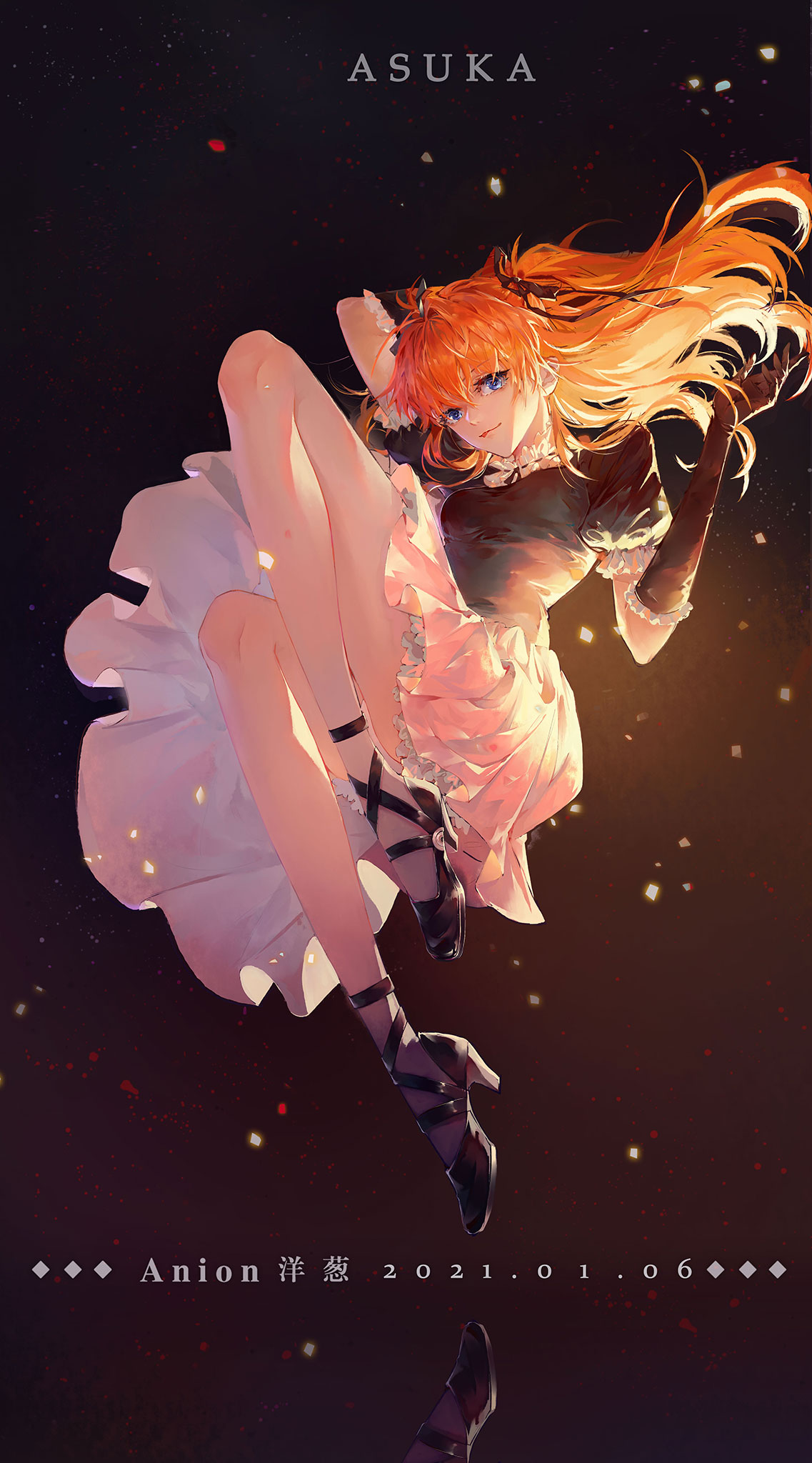 1girl anioncyan artist_name black_dress black_gloves blue_eyes character_name cinders dated dress elbow_gloves floating gloves gothic_lolita high_heels highres knees_up legs lolita_fashion long_hair looking_at_viewer neon_genesis_evangelion orange_hair reflective_floor smile solo souryuu_asuka_langley two_side_up