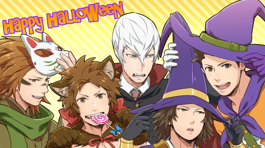 5boys adjusting_clothes adjusting_headwear animal_costume animal_ears black_cape black_hair brown_eyes brown_hair candy cape facepaint fangs fangs_out food fox_mask fur_collar green_eyes green_scarf halloween halloween_costume hat holding holding_mask ishida_mitsunari_(sengoku_basara) jigoku_meguri lollipop looking_at_another looking_at_viewer male_focus mask mask_removed mouri_motonari_(sengoku_basara) multiple_boys open_mouth paw_pose red_ribbon ribbon sanada_yukimura_(sengoku_basara) sarutobi_sasuke scarf sengoku_basara short_hair smile teeth tokugawa_ieyasu_(sengoku_basara) upper_body vampire vampire_costume white_hair witch_hat wolf_boy wolf_costume wolf_ears wolf_paws yellow_background