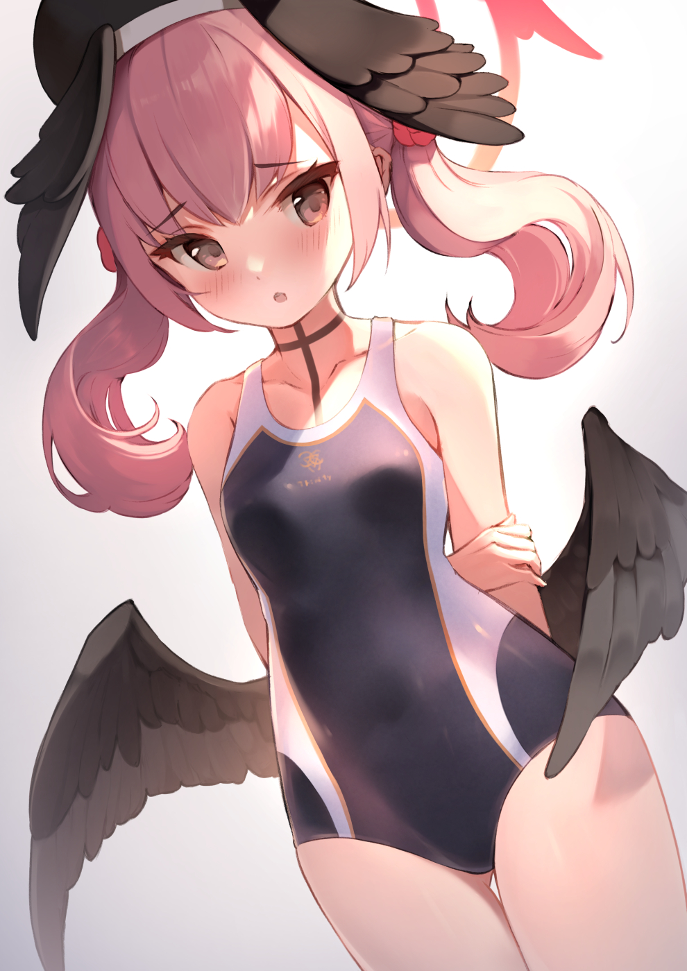 1girl black_swimsuit black_wings blue_archive breasts brown_eyes competition_swimsuit cowboy_shot cowengium dutch_angle feathered_wings grey_wings halo highres koharu_(blue_archive) low_wings medium_hair one-piece_swimsuit pink_hair small_breasts solo standing swimsuit white_background winged_hat wings