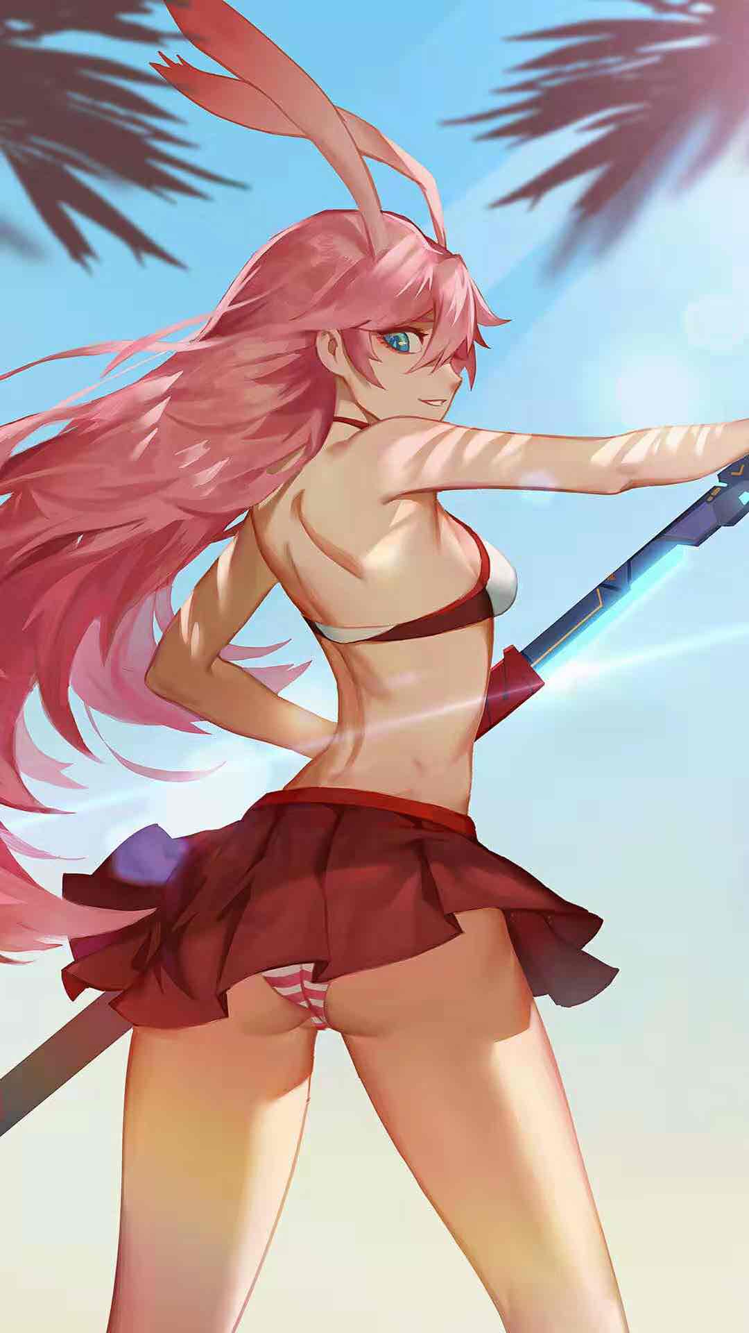 1girl :d animal_ears ass back bangs bikini blue_eyes blue_sky fox_ears grin highres holding holding_sword holding_weapon honkai_(series) honkai_impact_3rd katana long_hair looking_at_viewer looking_back open_mouth outdoors palm_leaf pink_hair red_skirt sheath skirt sky smile solo su_jiu_(xy1970) summer summer_uniform swimsuit sword teeth unsheathing weapon yae_sakura