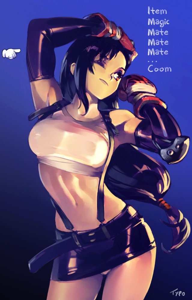 1girl artist_name bare_shoulders belt black_gloves black_hair black_skirt brown_eyes commentary cowboy_shot crop_top cursor elbow_gloves elbow_pads english_commentary english_text final_fantasy final_fantasy_vii final_fantasy_vii_remake gloves gradient gradient_background hand_on_own_head long_hair looking_away looking_to_the_side low-tied_long_hair miniskirt navel one_eye_closed optionaltypo red_gloves simple_background single_elbow_pad skirt solo stomach suspender_skirt suspenders tank_top tifa_lockhart white_tank_top