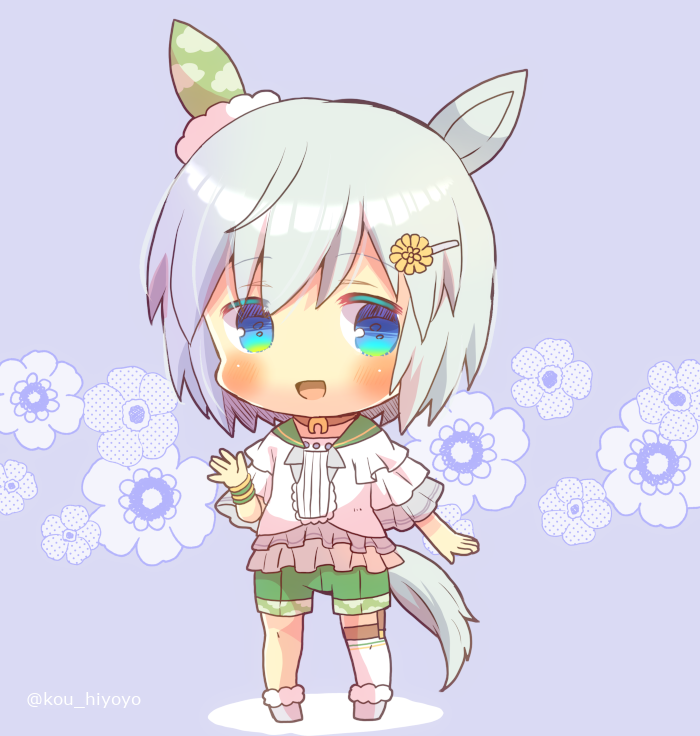 1girl :d animal_ears bangs blue_background blue_eyes chibi commentary_request eyebrows_visible_through_hair flower full_body fur-trimmed_footwear green_sailor_collar green_shorts grey_hair hair_between_eyes hair_flower hair_ornament hairclip horse_ears horse_girl horse_tail kou_hiyoyo looking_at_viewer sailor_collar seiun_sky_(umamusume) shirt short_shorts short_sleeves shorts single_thighhigh smile solo standing tail thigh-highs twitter_username umamusume white_footwear white_legwear white_shirt wide_sleeves yellow_flower