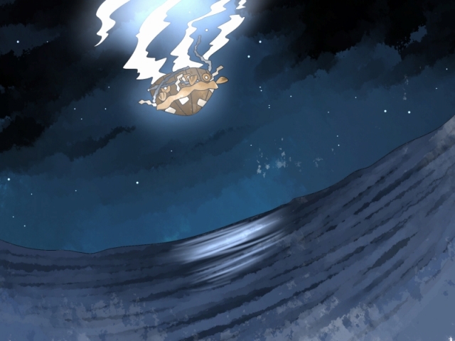 falling hammer_(sunset_beach) night no_humans rocket rocket_ship rope round_window shimenawa space space_craft steam touhou upside-down window wood