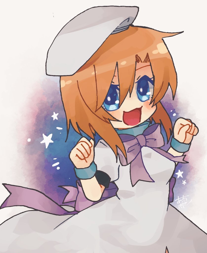 1girl :3 beret blue_background blue_eyes bow bowtie breasts clenched_hands commentary_request cowboy_shot dress hands_up hat higurashi_no_naku_koro_ni looking_at_viewer medium_breasts medium_hair momotarekawa open_mouth orange_hair puffy_short_sleeves puffy_sleeves purple_bow purple_bowtie ryuuguu_rena short_sleeves smile solo star_(symbol) white_background white_dress white_headwear white_wristband wristband