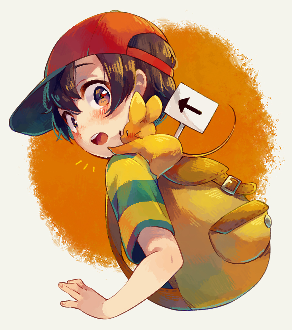 1boy backpack bag baseball_cap brown_eyes hat mother_(game) mother_2 mouse ness_(mother_2) open_mouth red_headwear shifumame shirt short_hair striped striped_shirt