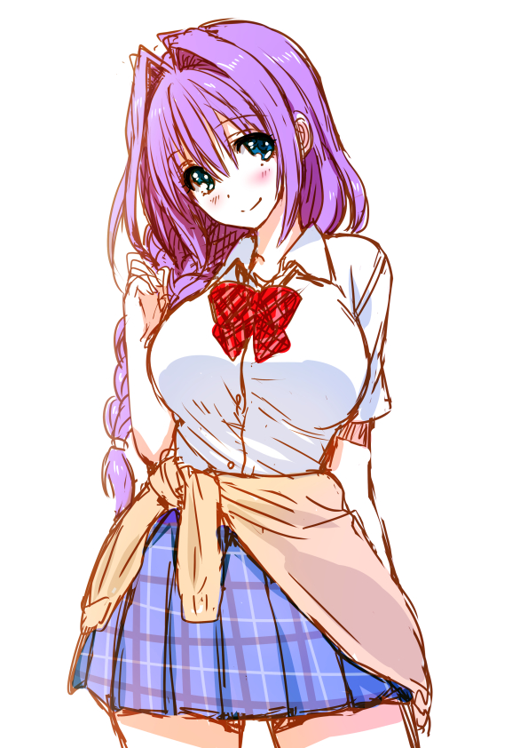 1girl blue_eyes blush bow bowtie braid breasts closed_mouth clothes_around_waist cowboy_shot hair_intakes hair_over_shoulder jacket jacket_around_waist kanon large_breasts looking_at_viewer minase_akiko miniskirt mitarashi_kousei plaid plaid_skirt purple_hair red_bow red_neckwear school_uniform shirt short_sleeves simple_background single_braid skirt smile solo thighs white_background white_shirt