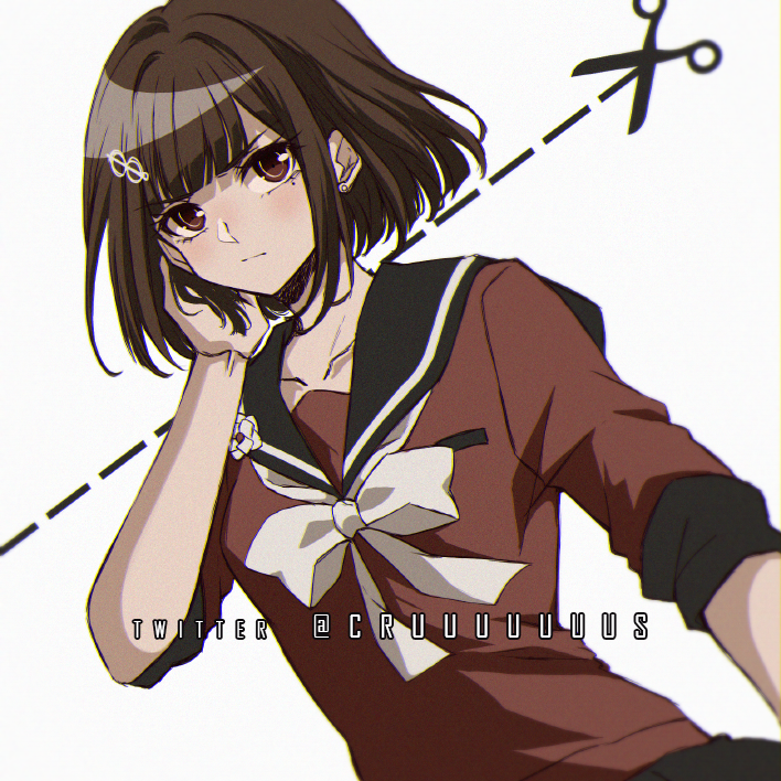 1girl alternate_hair_length alternate_hairstyle bangs blunt_bangs bow brown_hair closed_mouth collarbone criis-chan danganronpa_(series) danganronpa_v3:_killing_harmony dutch_angle ear_piercing flower hair_ornament hand_in_hair hand_up harukawa_maki looking_at_viewer mole mole_under_eye piercing red_eyes red_shirt school_uniform scissor_print shiny shiny_hair shirt short_hair solo symbol-only_commentary twitter_username upper_body white_bow white_bowtie white_neckwear