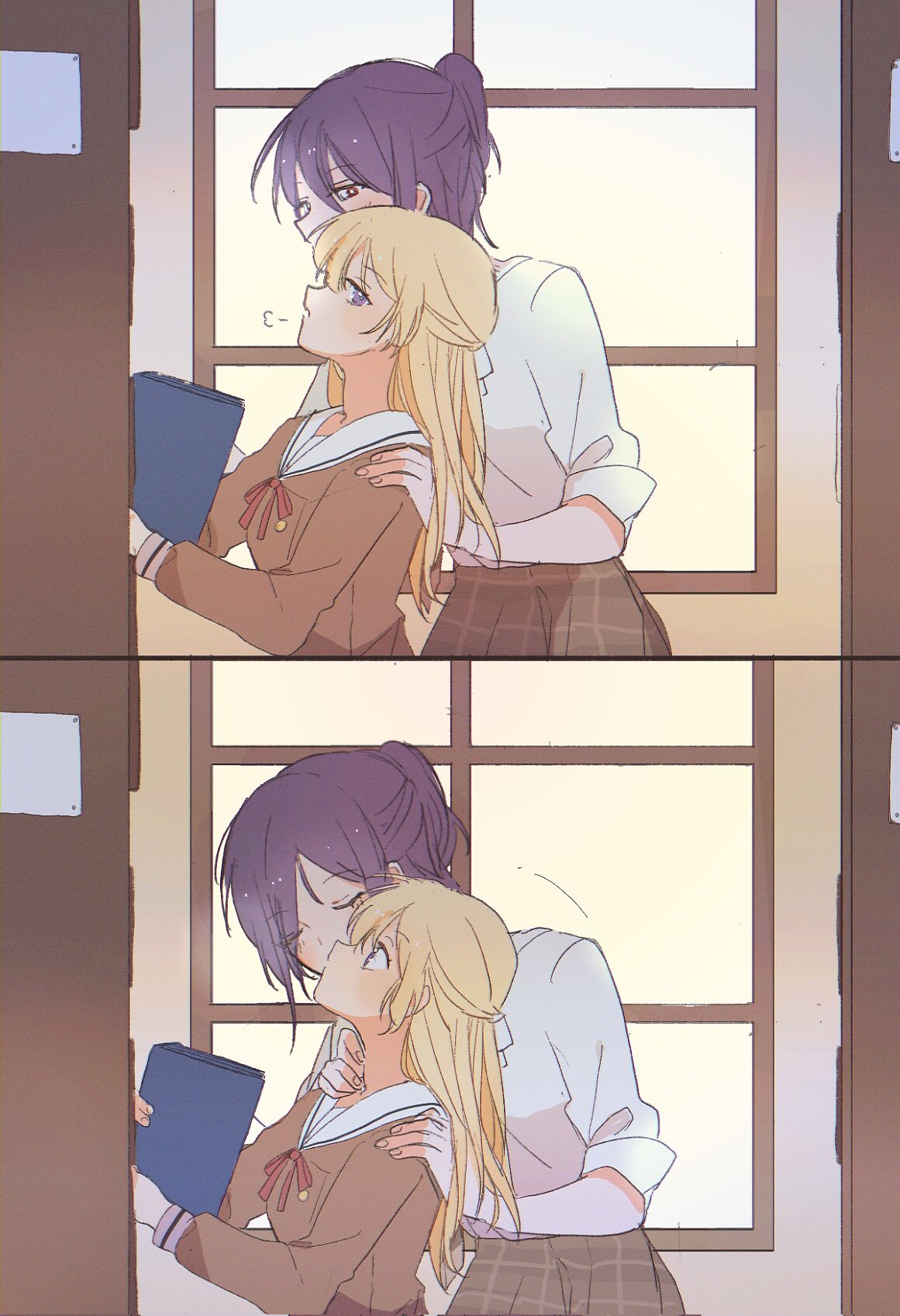 2girls =3 bang_dream! blonde_hair blush book bookshelf closed_eyes commentary_request dated_commentary eyebrows_visible_through_hair from_side hanasakigawa_school_uniform hand_on_another's_shoulder highres holding holding_book kiss kissing_cheek library looking_at_another looking_to_the_side multiple_girls purple_hair school_uniform seri_(vyrlw) seta_kaoru shirasagi_chisato standing window yuri