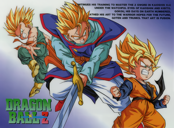 1990s_(style) aqua_eyes blonde_hair boots brothers character_name clenched_hands copyright_name dougi dragon_ball dragon_ball_z earrings english_text grin holding holding_sword holding_weapon jewelry long_sleeves official_art potara_earrings retro_artstyle siblings sleeveless smile son_goku son_goten spiky_hair super_saiyan super_saiyan_1 sword trunks_(dragon_ball) weapon wristband