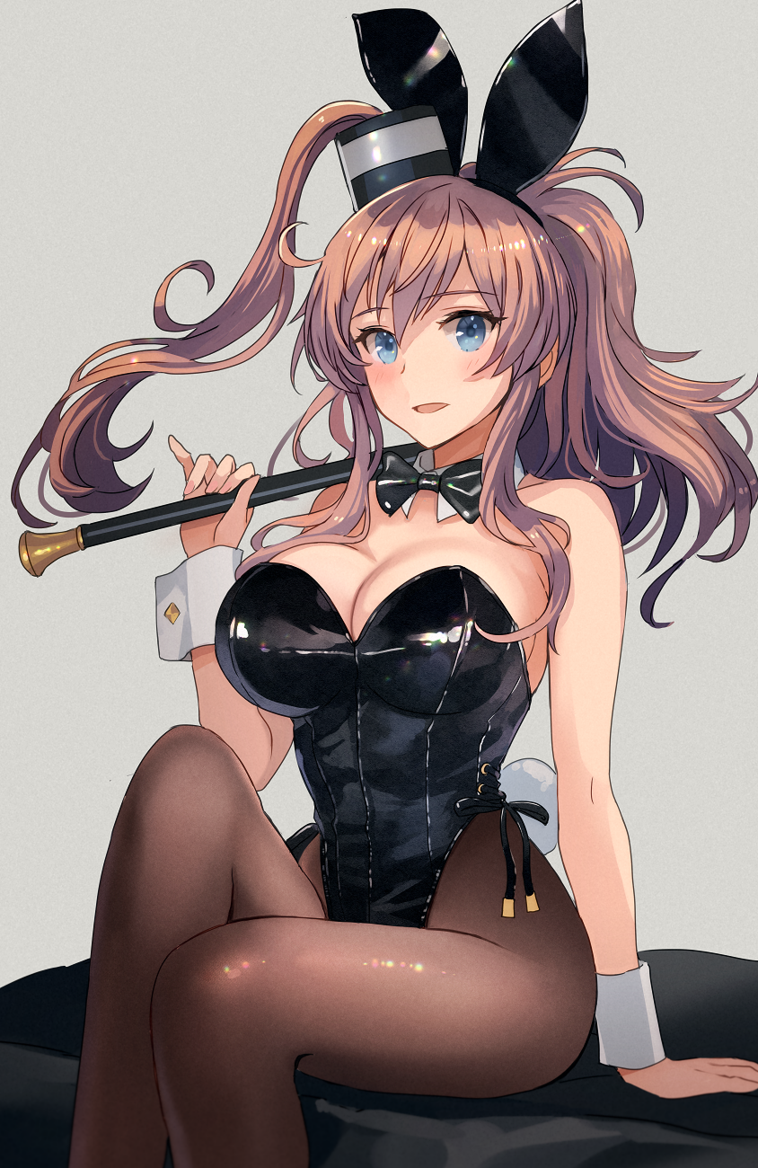 1girl animal_ears black_leotard blue_eyes bow bowtie breasts brown_hair detached_collar fake_animal_ears fake_tail grey_background hair_between_eyes hair_ornament highres kantai_collection kasumi_(skchkko) large_breasts leotard pantyhose pinky_out playboy_bunny ponytail rabbit_ears rabbit_tail saratoga_(kancolle) side-tie_leotard side_ponytail sidelocks sitting sitting_on_table smokestack solo tail wrist_cuffs