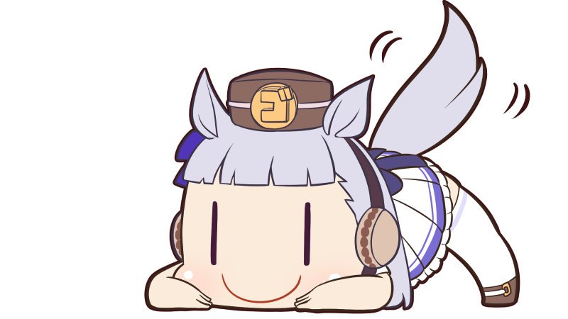 1girl animal_ears bangs blunt_bangs blush brown_footwear chibi closed_mouth commentary_request gold_ship_(umamusume) grey_hair hair_ornament hair_ribbon horse_ears horse_girl horse_tail long_hair pillbox_hat pleated_skirt purple_ribbon ribbon school_uniform shiromaru_(maniado) shoes simple_background skirt smile solo tail thigh-highs tracen_school_uniform umamusume white_background white_legwear white_skirt |_|