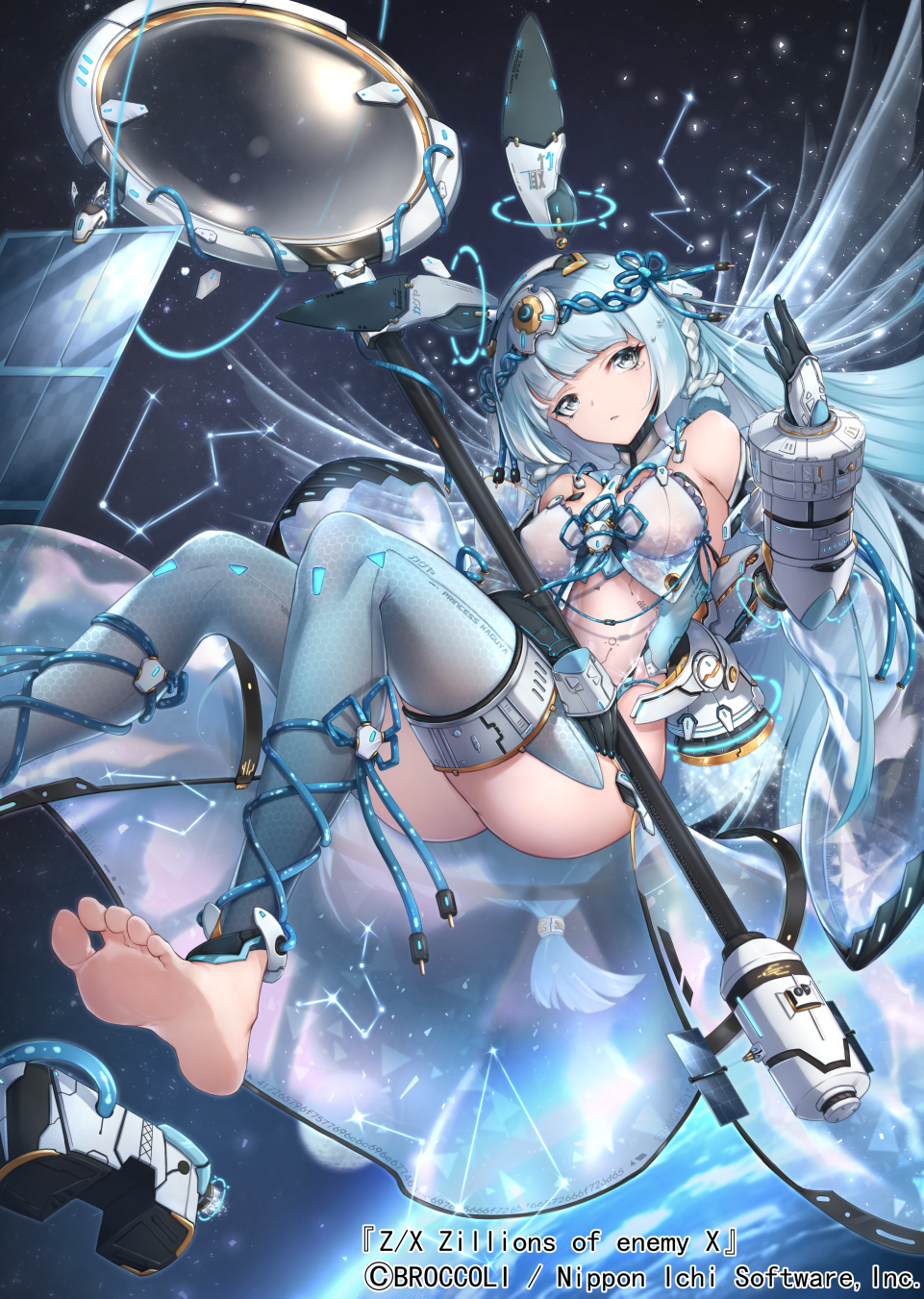 1girl animal_ears bangs black_gloves blue_hair blue_legwear breasts character_request commentary_request copyright_name detached_leggings eyebrows_visible_through_hair feet floating_hair gloves highres light_particles long_hair mechanical_ears official_art parted_lips rabbit_ears see-through soles solo space thrusters toes very_long_hair yue_ying_jin_feng z/x