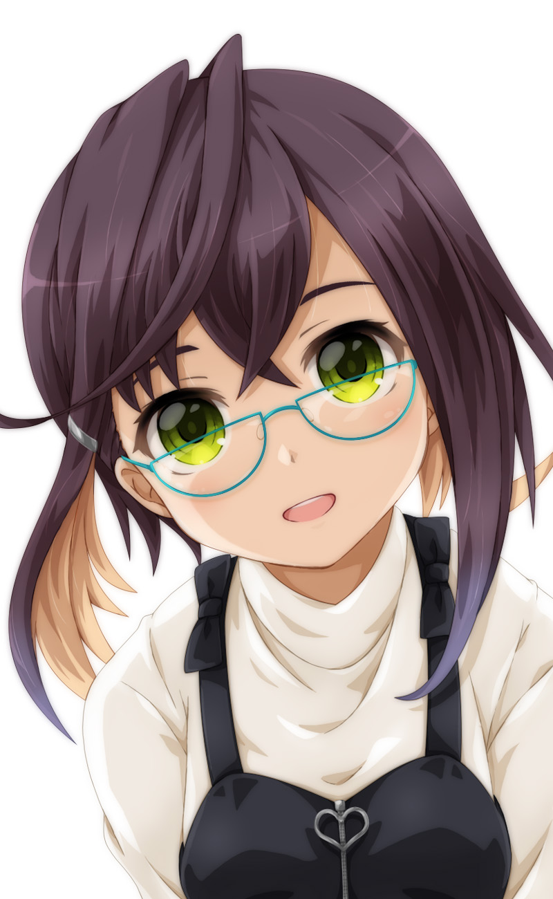 1girl black_dress blue-framed_eyewear blush brown_hair commentary_request dress eyebrows_visible_through_hair fukaiton glasses green_eyes halterneck highres kantai_collection looking_at_viewer multicolored_hair okinami_(kancolle) open_mouth short_hair simple_background smile solo sweater upper_body white_background white_sweater