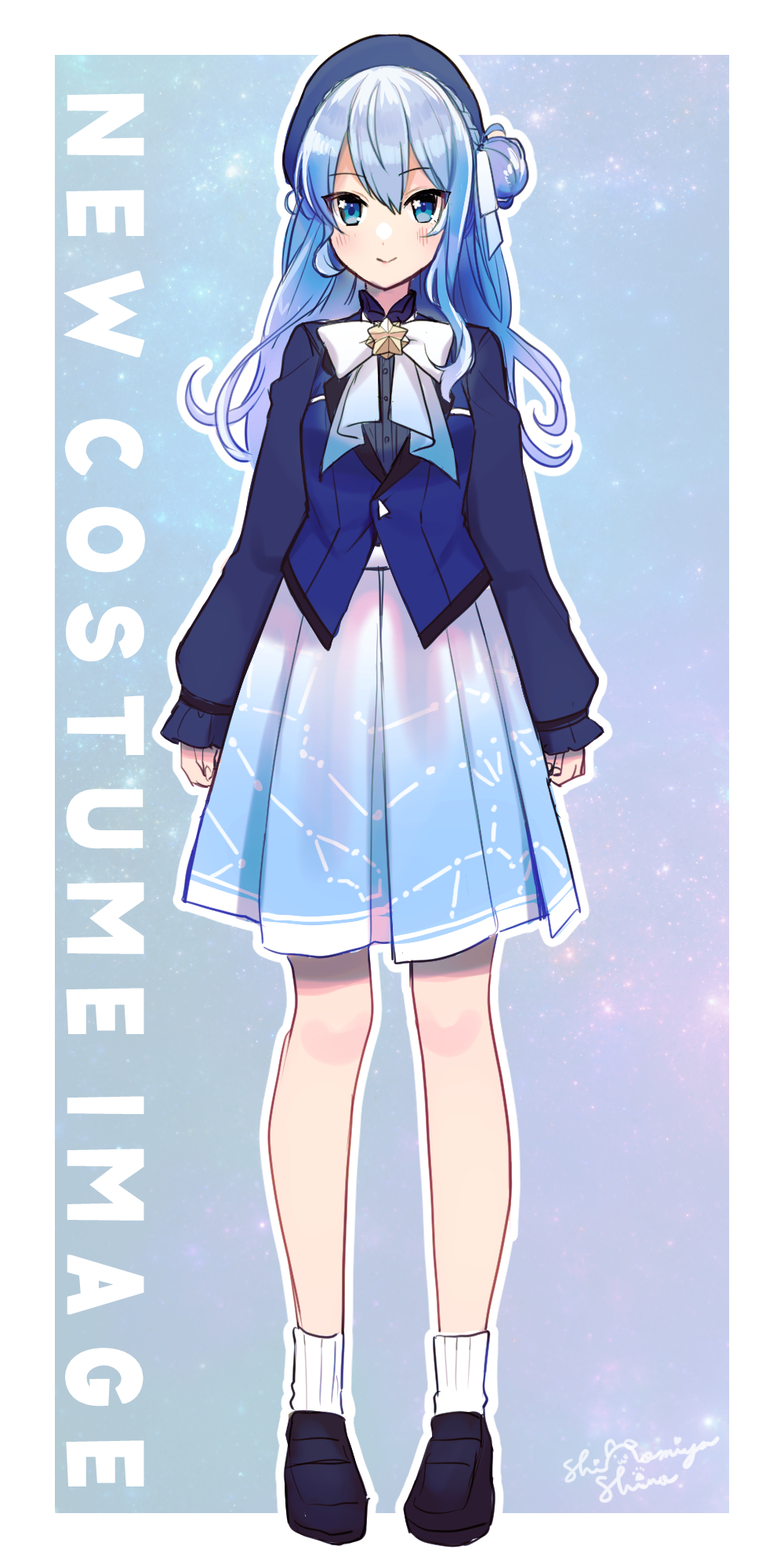 1girl bangs beret blue_eyes blue_hair blue_headwear commentary_request constellation_print eyebrows_visible_through_hair full_body hat highres hololive hoshimachi_suisei long_hair long_sleeves looking_at_viewer shinomiya_shino_(sinosino141) shoes skirt smile socks solo star_(symbol) symbol_in_eye virtual_youtuber white_legwear