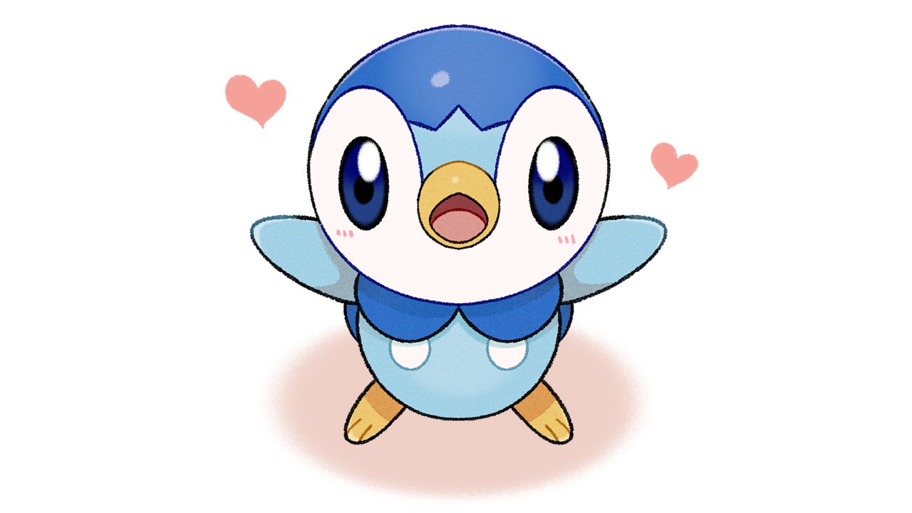 blue_eyes blush commentary_request creature full_body heart looking_at_viewer no_humans official_art open_mouth piplup pokemon pokemon_(creature) project_pochama solo toes tongue white_background