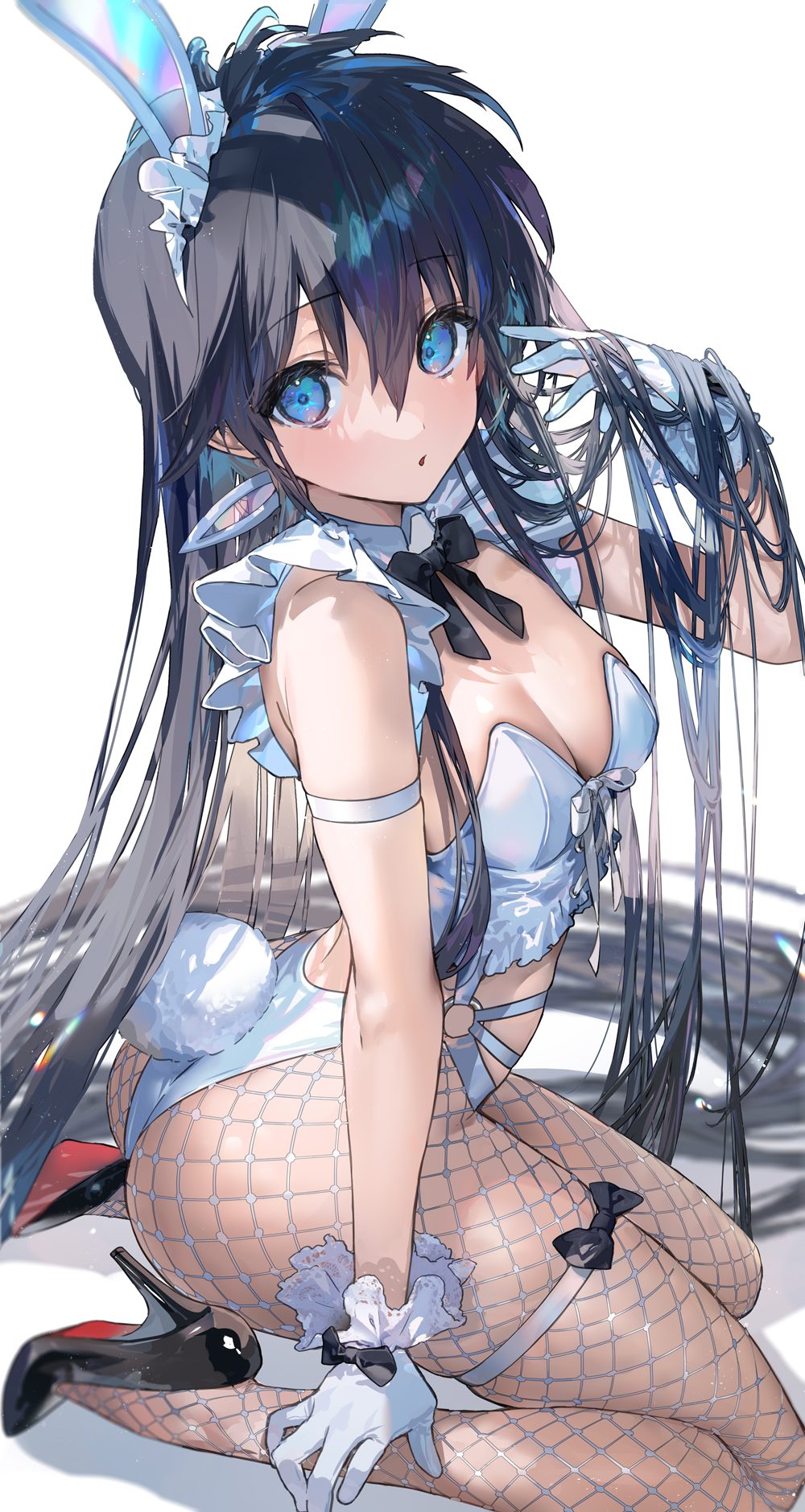 1girl animal_ears arm_strap ass black_bow black_footwear black_hair blue_eyes bow breasts commentary_request fake_animal_ears fake_tail fishnet_legwear fishnets genderswap genderswap_(mtf) gloves hair_between_eyes high_heels highres houshin_engi kneeling leotard long_hair looking_at_viewer mimoza_(96mimo414) o-ring playboy_bunny rabbit_ears rabbit_tail shoes simple_background small_breasts solo taikoubou tail thigh_strap very_long_hair white_background white_gloves white_leotard